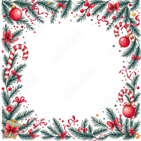 Obraz Square Christmas border with evergreen branches red bows candy canes ornaments holly berries and gift on white background