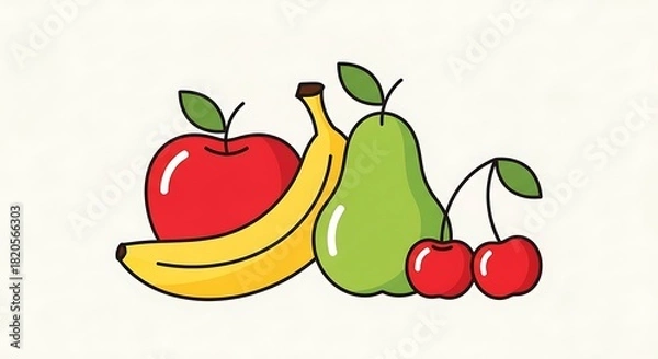 Obraz Colorful Assortment of Fresh Fruits - Apple, Banana, Pear, and Cherries Illustration.