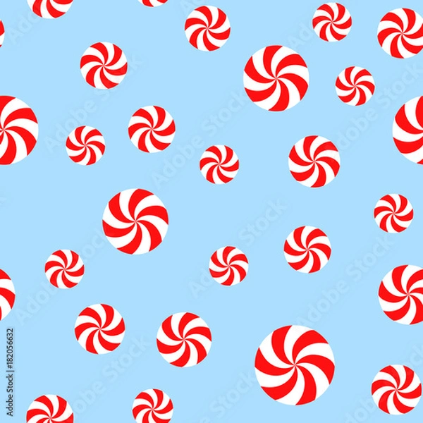 Fototapeta Christmas Peppermint Candy Seamless Vector Pattern. Red and White Swirls on Light Blue Background. Random size. Pattern Swatch Made with Global Colors.