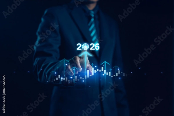 Fototapeta A business professional touching a digital 2026 growth interface, symbolizing future strategy, financial planning, technology trends, and business development for successful long-term opportunities.