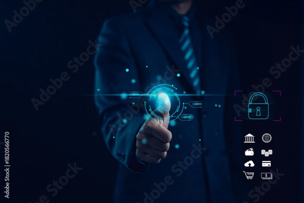 Fototapeta A business professional using biometric fingerprint authentication with digital security icons representing cybersecurity data protection secure access fintech safety and modern identity verification