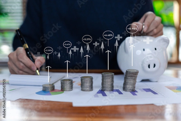 Fototapeta A financial growth concept showing stacked coins, rising investment returns, and smart savings with a piggy bank, representing wealth management, money planning, and long-term financial success.