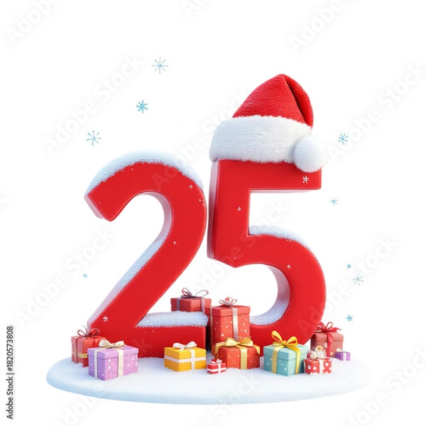 Obraz Red 3D number twenty five with snow Santa hat and colorful gift boxes on snowy surface with white background