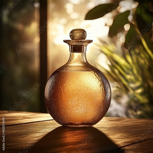 Obraz Rounded stylized features, soft reflections, subtle sparkles around the bottle,