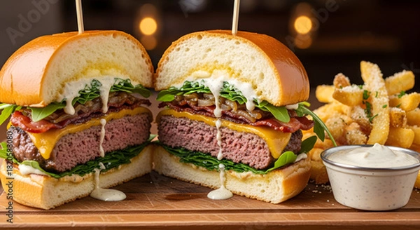 Obraz Indulge in this mouthwatering gourmet burger masterpiece, perfectly grilled with juicy patties, crispy bacon, melted cheese, fresh greens, and a side of golden fries.