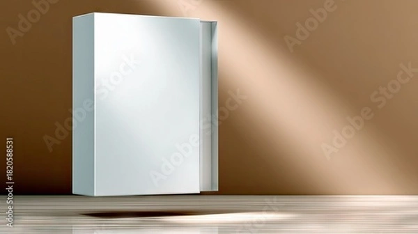 Fototapeta A clean, blank white box stands on a wooden floor, illuminated by dramatic diagonal light and shadow, creating a minimalist and modern aesthetic.