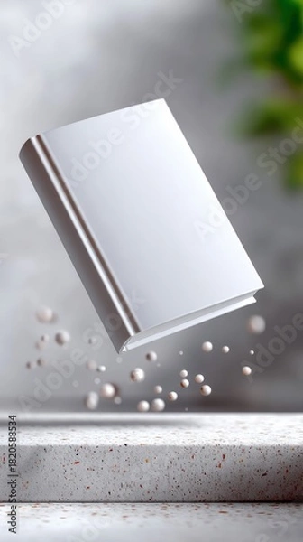 Fototapeta A blank white book is suspended in mid-air, with small droplets scattered around it, set against a textured background and a concrete surface.