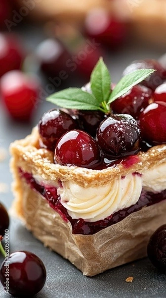 Fototapeta A close-up view of a delicious cherry tart, layered with cream and pastry, topped with fresh cherries and a mint leaf, set against a dark, textured background.