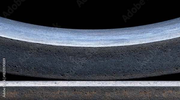 Fototapeta Abstract close-up of a dark, textured material with a curved, smooth blue edge. The composition is industrial and minimalist, with a dark background and dramati