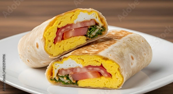 Obraz Freshly prepared breakfast wrap with fluffy scrambled eggs, ripe tomato, and crisp lettuce on a white plate, perfect for a healthy meal.