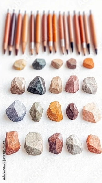 Fototapeta A collection of colored pencils arranged in a row above several rows of intricately drawn stones, creating a still life composition with soft studio lighting.