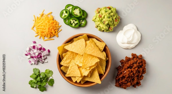 Obraz Vibrant ingredients for delicious nachos including tortilla chips, guacamole, cheese, sour cream, jalapenos, onions, and cilantro