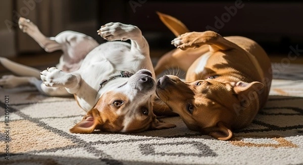 Fototapeta Two playful dogs lying on carpet in sunny indoor setting  