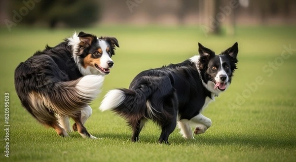 Obraz Two playful border collies running on green grass in a park  