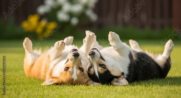 Obraz Two playful corgis lying on grass under sunny sky  