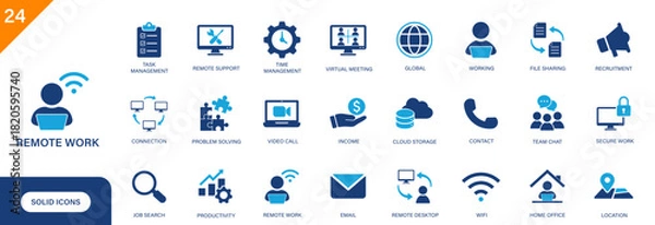 Fototapeta Remote work icon. Includes remote support, file sharing, home office, virtual meeting. Solid vector icon set.