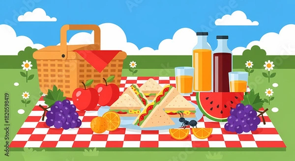 Obraz A colorful, cartoon illustration of a classic outdoor picnic setup with a wicker basket, checkered blanket, fruits, sandwiches, and juice bottles in a grassy park setting.