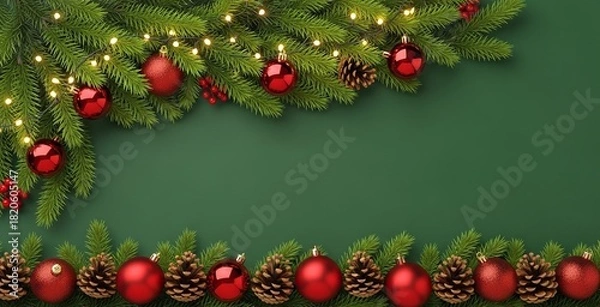 Obraz Festive christmas background with green fir branches, red ornaments, pinecones, and twinkling lights forming a holiday border on a rich green surface