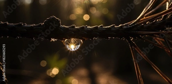 Fototapeta A glistening water droplet on a pine branch reflects the golden sunlight, creating a beautiful bokeh effect in a dark forest, highlighting natures delicate beauty