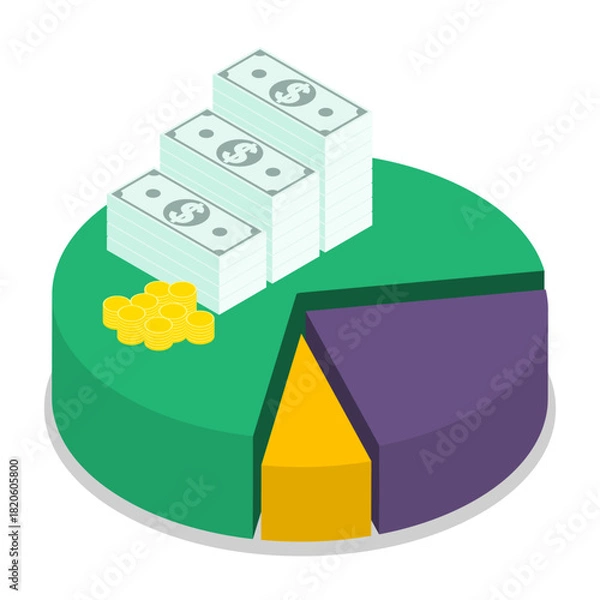 Fototapeta Isometric Pie chart of percentages of cash from a portion of overall budget. Isolated cartoon vector concept on white background top view