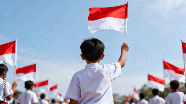 Fototapeta A young student holding an Indonesian flag during a school ceremony, surrounded by other children waving red and white flags under a bright blue sky.