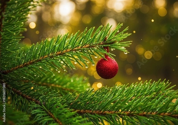 Obraz A beautiful red christmas ornament hangs on a green fir branch, sparkling with water drops, against a soft golden bokeh background, perfect for festive holidays
