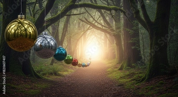 Fototapeta Enchanting forest path illuminated by a bright light, adorned with festive christmas ornaments, creating a magical and mysterious holiday atmosphere