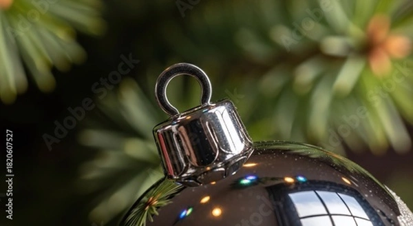 Obraz A detailed closeup of a shiny silver christmas tree ornament, reflecting festive lights and holiday decorations, set against a softly blurred green fir branch