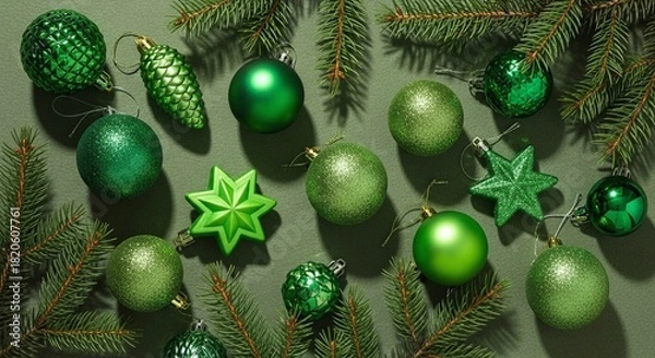 Fototapeta Vibrant green christmas ornaments and sparkling fir branches create a festive holiday arrangement, perfect for seasonal celebrations and winter decor