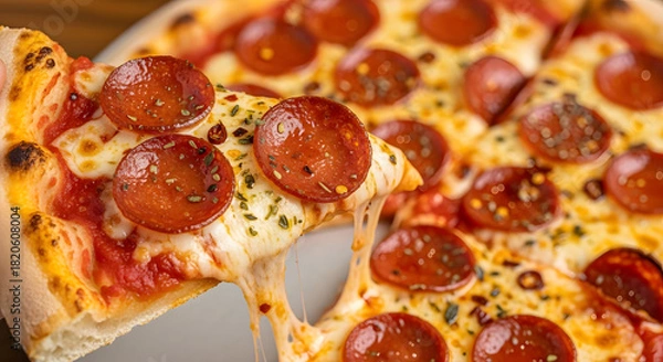 Obraz Indulge in a mouthwatering slice of pepperoni pizza with gooey melted cheese stretching luxuriously, perfect for any craving.