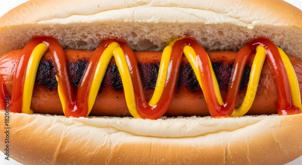 Obraz Juicy grilled hot dog with classic ketchup and mustard drizzle in a soft bun, perfect for summer BBQs and fast food cravings