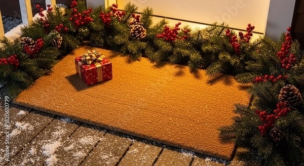 Obraz A festive doormat with a christmas garland of red berries and pinecones, and a small gift box, at a snowy entrance, for a warm holiday welcome