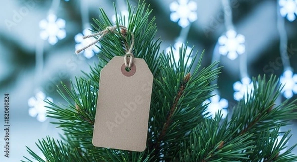 Fototapeta A blank rustic brown paper gift tag hangs on a green christmas tree branch, with blurred festive snowflake lights in the background, providing copy space for holiday messages