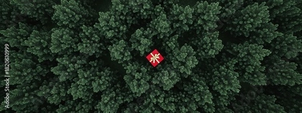 Fototapeta Red gift box with gold ribbon nestled among dense green pine trees, viewed from an aerial perspective, symbolizing a surprise or special delivery in nature