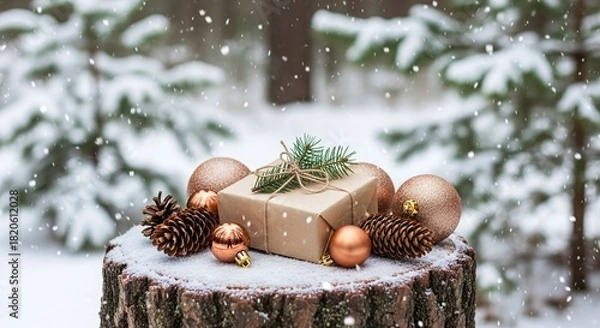Fototapeta A festive christmas gift box, golden baubles, and natural pinecones on a snowcovered tree stump in a serene winter forest with falling snowflakes