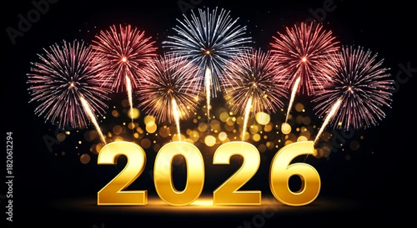 Fototapeta Shiny Golden 2026 Number Lit Up With Colorful Fireworks For New Year Celebration And Joy