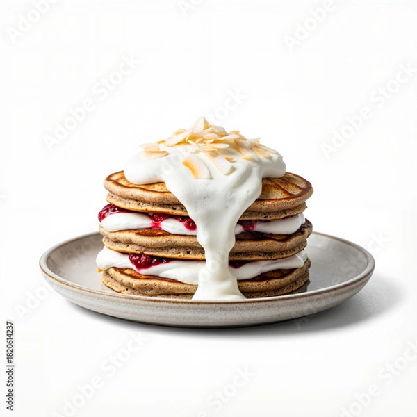 Fototapeta Stack of vegan pancakes layered with whipped coconut cream on plate  
