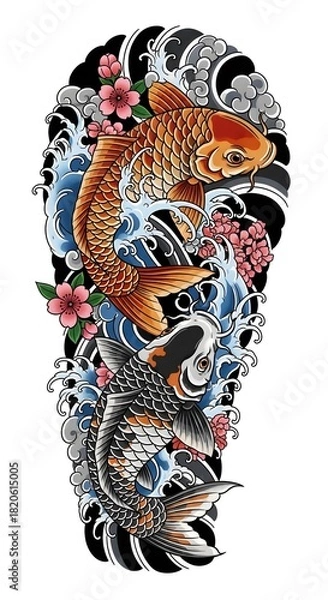 Fototapeta Japanese Koi Fish Tattoo Design with Waves and Cherry Blossoms – Traditional Irezumi Style, Two Colorful Koi Swimming in Dynamic Water and Sakura Blossoms