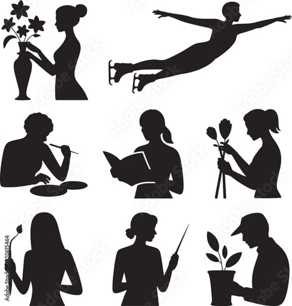 Fototapeta Silhouettes of people hobbies leisure activities such as reading art skating vector