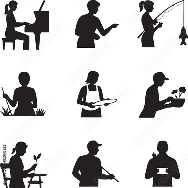 Fototapeta Silhouettes of people with hobbies and activities against transparent background