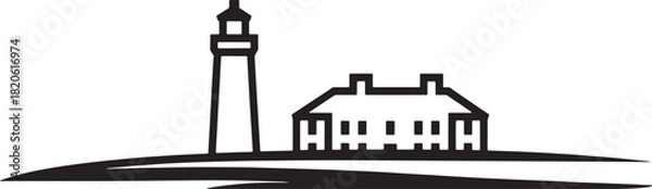 Fototapeta Stylized vector line art of lighthouse with building on island silhouette icon