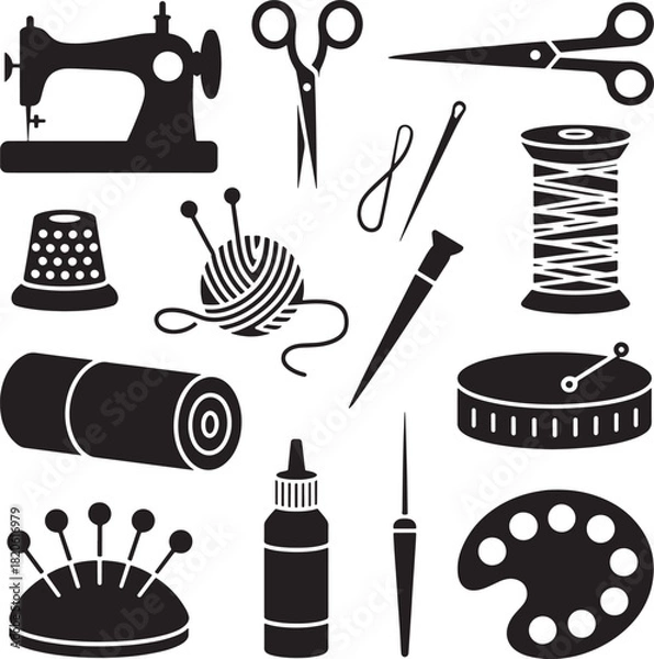 Fototapeta Tools for tailoring as sewing machine scissors needle yarn spool thimble measuring tape