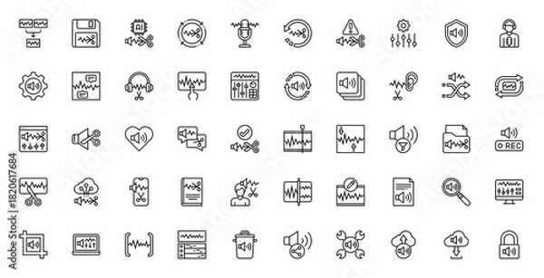 Fototapeta Set of Audio Edition vector. Merge, AI, Save, Processing, Microphone, Undo, Setting, Warning, Ears, Voice, Audio, Hand, Mixer, Synchronize, Album, Shuffle , Repeat, Protect, Website, Favorite icon. 