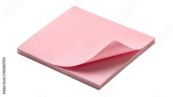 Fototapeta Pink sticky note with curled corner isolated on white background — blank memo paper, pastel note sheet, mockup design element