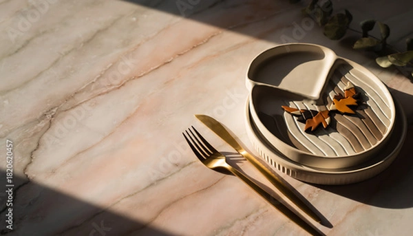 Fototapeta Elegant autumn table setting with modern plate, golden cutlery, and leaf shaped cookies, perfect for Thanksgiving or fall celebrations and seasonal lifestyle content