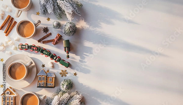 Fototapeta Cozy winter scene with hot cocoa, gingerbread houses, and a festive toy train conveying warmth and holiday cheer for seasonal promotions and designs
