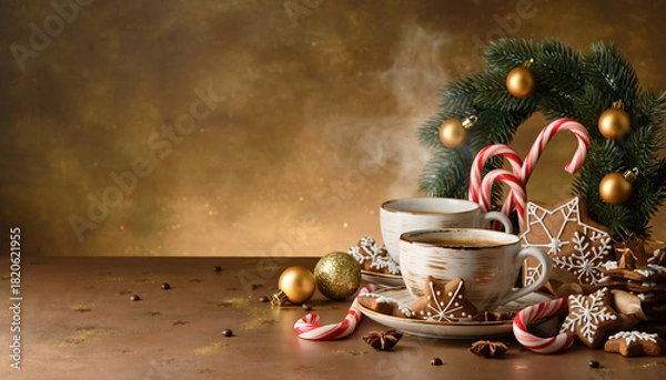 Fototapeta Cozy holiday scene with steaming coffee, gingerbread cookies, candy canes, and Christmas ornaments creating a warm, inviting atmosphere for winter joy