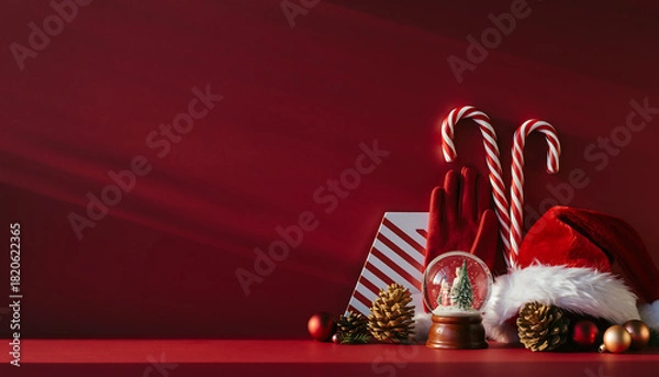 Fototapeta Festive Christmas Still Life with Candy Canes, Santa Hat, and Snow Globe Ready for Holiday Greetings and Seasonal Promotions on a Red Surface
