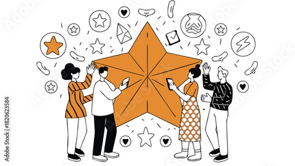 Fototapeta Isometric illustration featuring diverse characters gathered around a large geometric shape suitable for technology business or abstract concepts