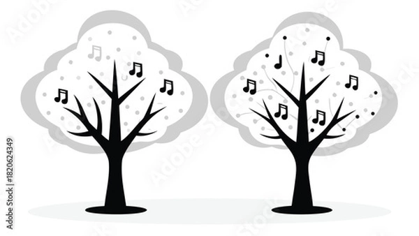 Fototapeta Collection of vibrant glowing trees in various stages of growth accompanied by icons and notes representing nature development and ideas